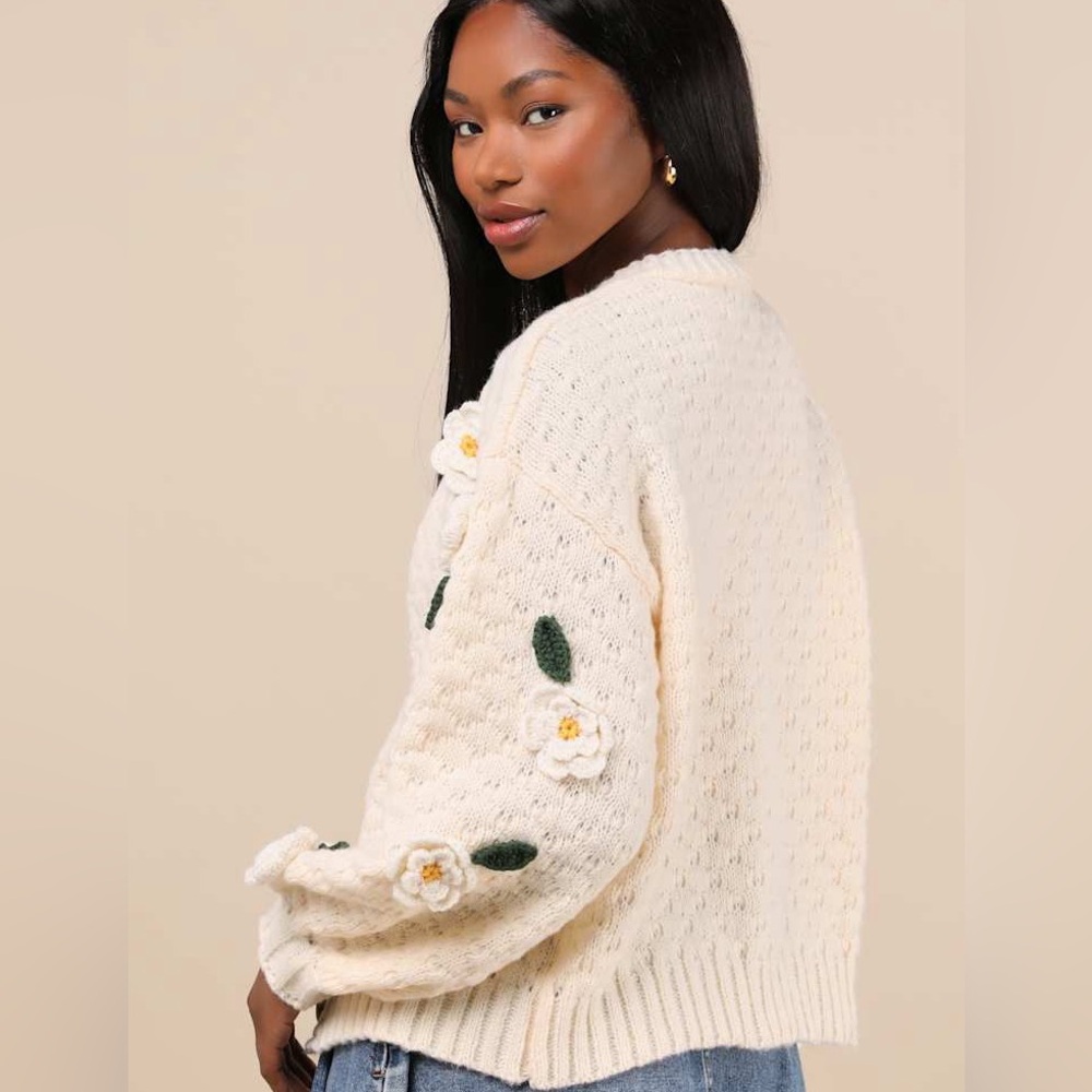 NWT Lulus Chosen Charm Cream Knit Floral Embroidered Cardigan - Picture 3 of 9
